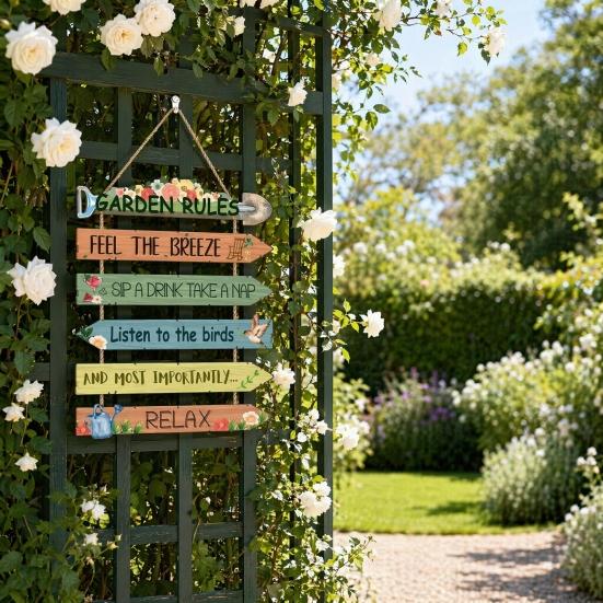 Garden Rules Hanging Sign, Spring Wooden Welcome Door Sign for Front Door, Rustic Farmhouse Wall Plaque for Porch Yard Gardening Shed Decoration