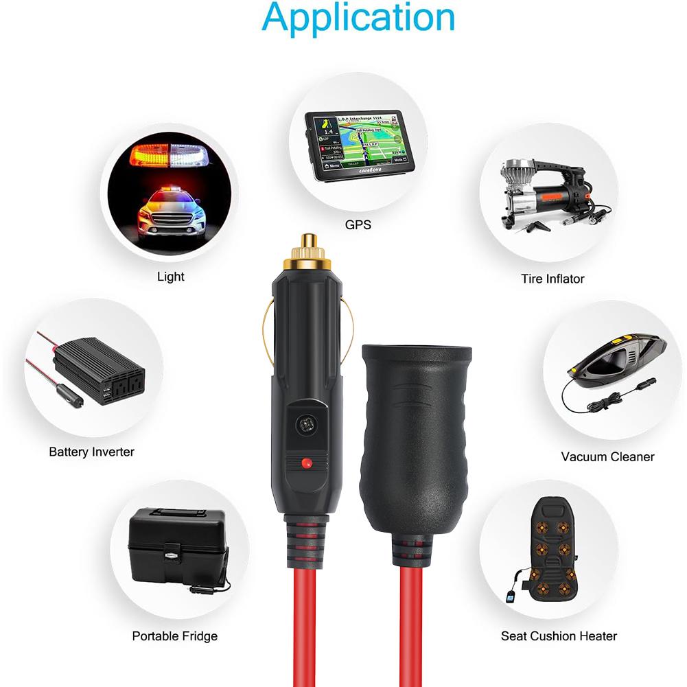 12V 24V Cigarette Lighter Power Extension Cable Male Plug To Female Socket 12Ft Cable Interior Plug To Socket for Tire Inflators