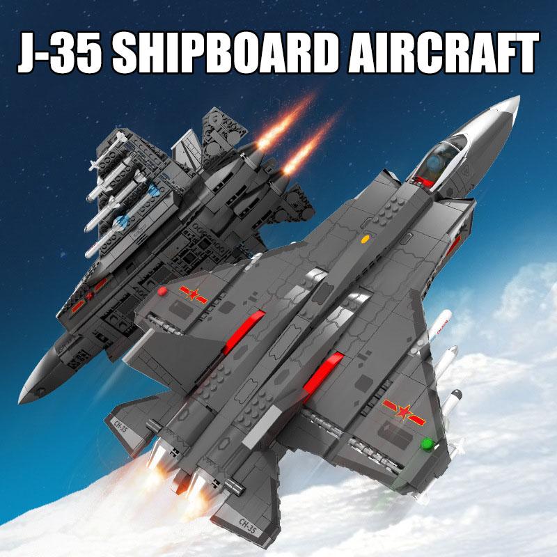 Military Series Jump Jets J-35 Shipboard Aircraft Building Blocks MOC City War Fighter Model Bricks Toys For Children Boy Gifts