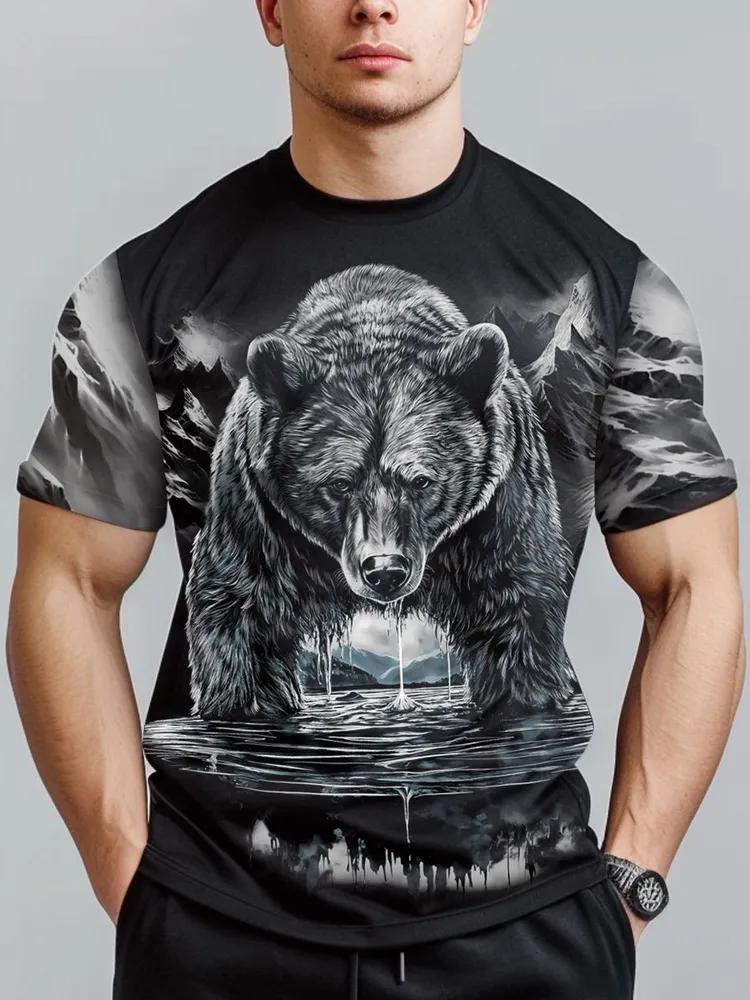 Men's 3D Black & White Grizzly Bear Print T-Shirt, Mountain Lake Scene Short Sleeve Casual Top