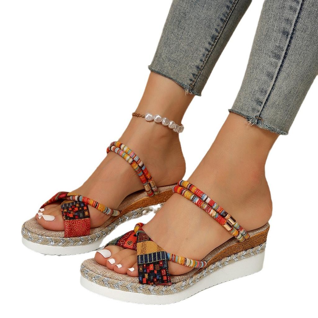 Thick-soled Cool Slippers Summer Large-size Women's Shoes One-character Wedge Sandals Tide