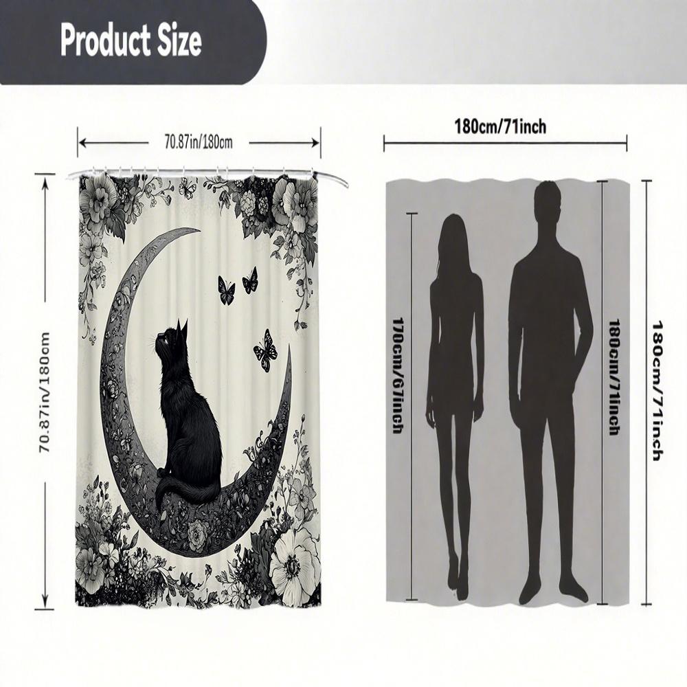 Black Cat on Moon Shower Curtain 1pc – Floral Crescent & Butterflies, Monochrome Mystical Art for Gothic Bathroom Decor
