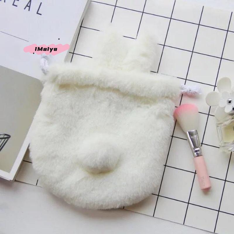 M-1Pcs Pocket Drawstring Bag Cute Bunny Plush Rabbit Ear Pouch With Fluffy Tail-Like Tassel Sweet Kawaii Makeup Bag Accessory