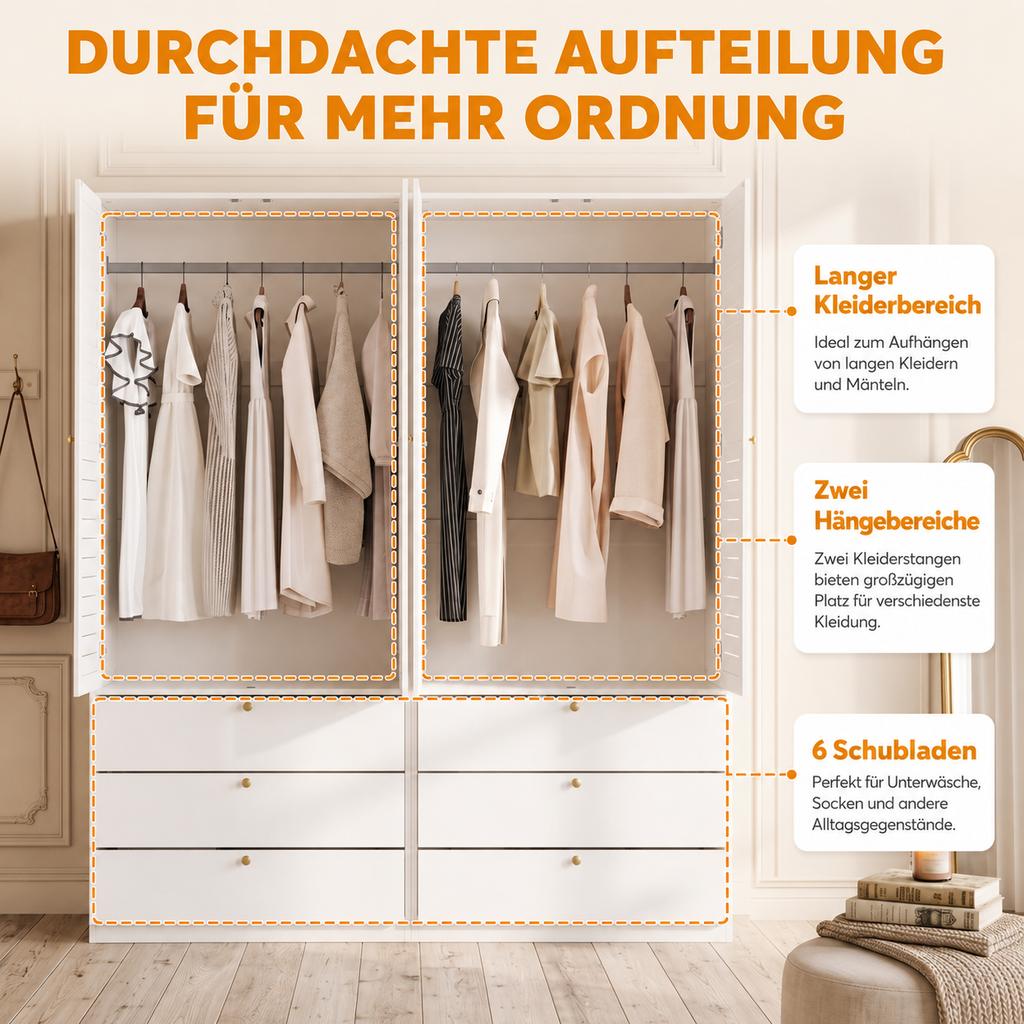 Kleiderschrank mit 4 Türen, elegante Lamellentüren, weiß, 180 x 50 x 200 cm, mit 2 Kleiderstangen, mit 6 Schubladen, geeignet für Schlafzimmer, Kinderzimmer