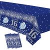 16th Birthday Tablecloth Decorations for Boy, 3pcs Disposable Silver Blue Happy 16th Birthday Party Supplies Table Cover, 86in X 55in