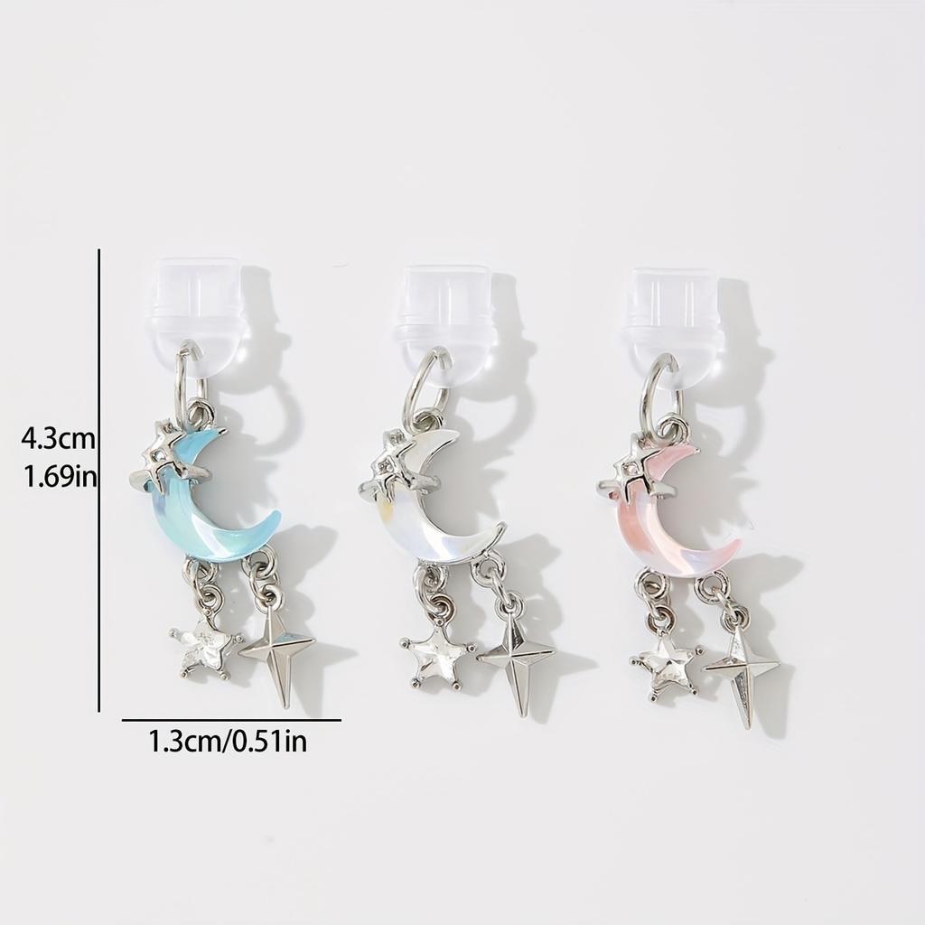 1pc Dreamy Pearl Moon Star Alloy Dust Plug Pendant, Simple Alloy Inlaid Color Moon Dust Plug Pendant, Cute Cartoon Mobile Phone Pendant
