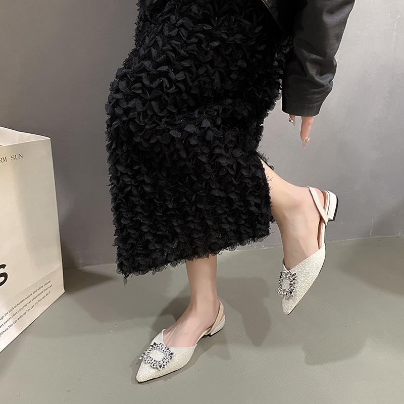 2025 New Summer Fairy Style Temperament Shallow Mouth Pointed Head Rhinestone Square Buckle Thin Heel Bag Head Rear Empty Low Heel Sandals Woman