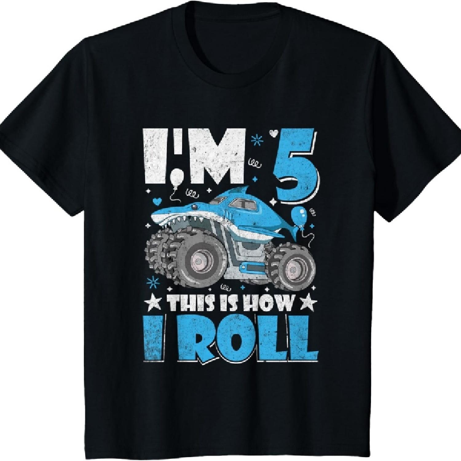 

Детская футболка с монстр-траком-акулой на 5-й день рождения для мальчиков и девочек XXXXXL чёрный