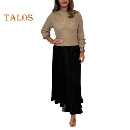 

Женское платье с круглым вырезом и длинными рукавами, плиссированное платье контрастного цвета, из двух частей, свободное макси-платье для повседневной носки и поездок на работу S хаки