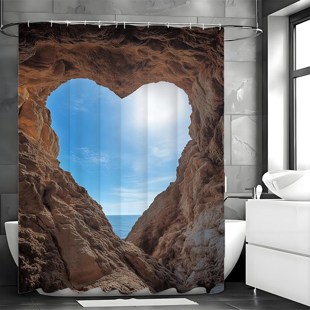 Mediterranean Sea Heart Shaped Tree Hole Shower Curtain, Bathroom Decorative Shower Curtain, Waterproof Shower Curtain with Hook