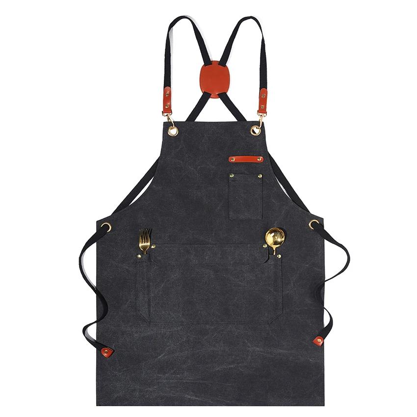 Kitchen Apron Heavy Duty Canvas Barber Work Aprons Unisex Cross Straps Adjustable Salon Hairdresser Bib PU Leather Apron for Men