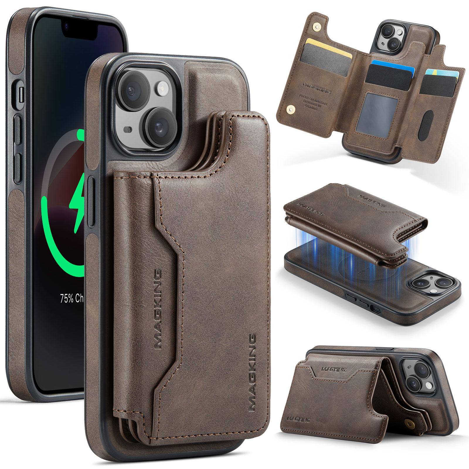 

MAGKING K3 Series For iPhone 14 Case Compatible with MagSafe Wallet PC+TPU+PU Phone Cover Coffee