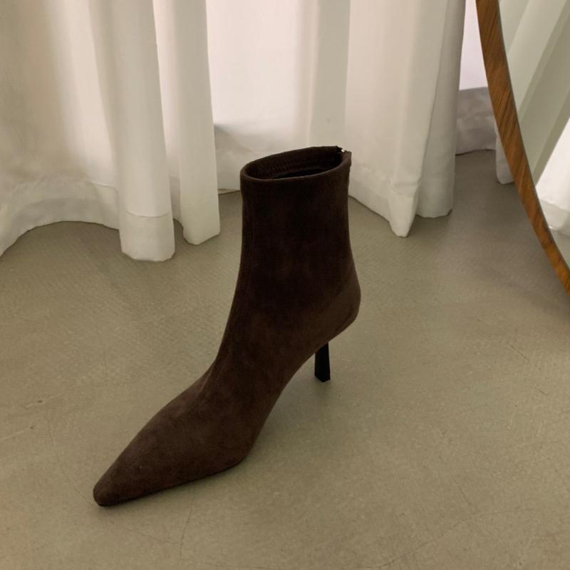 Mode 2025 Nya Höst Högklackade Stretch Slim Dam Ankelstövletter Höst Damer Eleganta Spetsiga Tå Korta Botas Damskor