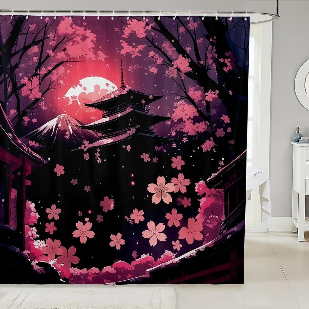 Japanese Style Shower Curtain Set,Red Sun And Crane Bathroom Decor For Kids Adults,Oriental Ukiyoe Bathroom Set Vintage