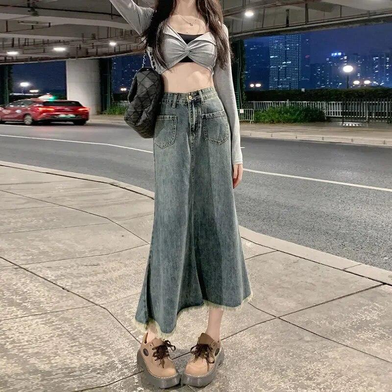 Falda vaquera Retro Azul para mujer, falda de corte A fina de cintura alta, pantalones vaqueros largos para mujer, nueva versión coreana