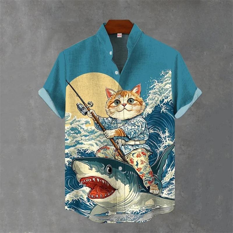 Japanese Animal Graphic Men's Shirt Summer Casual Short Sleeve Tops Hawaiian Tiger Shirts Men Oversized Lapel Button T-Shirt Man