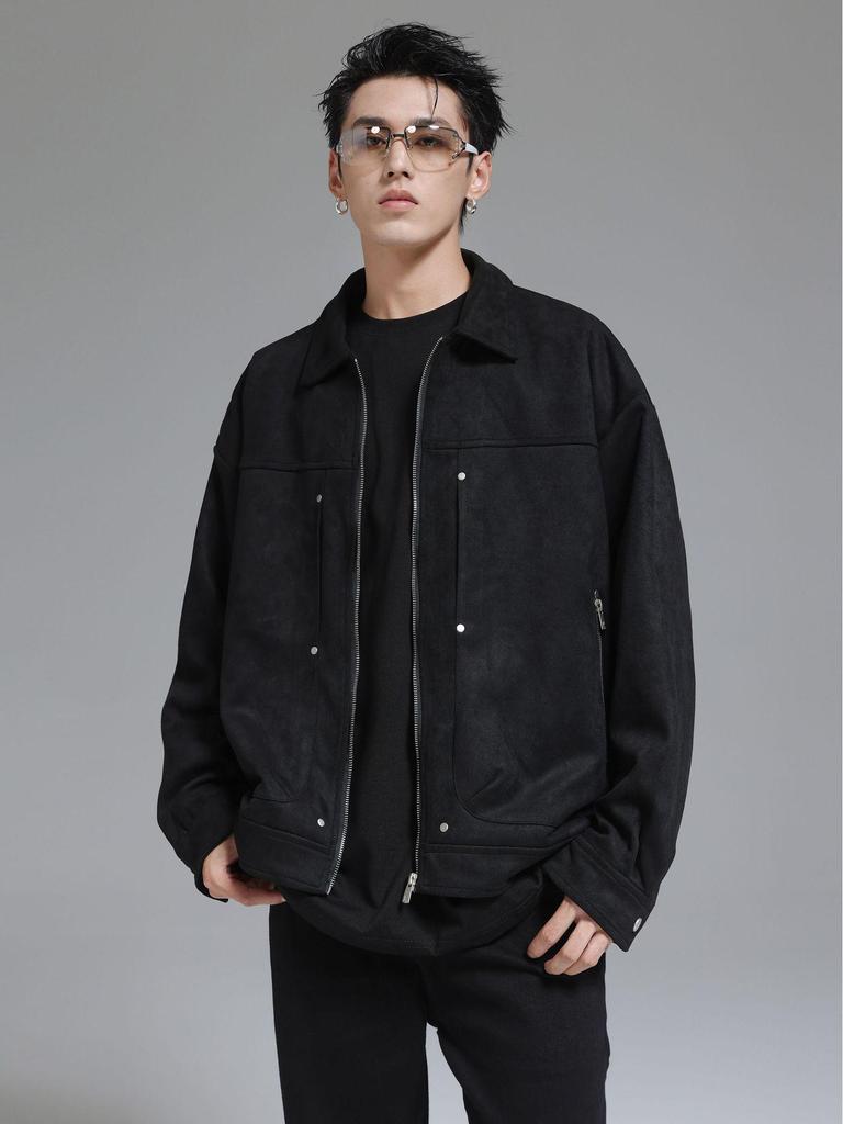 Herren Wildleder Reißverschlussjacke - Amerikanischer Stil, Herbst/Winter 2023 Trend, Revers Workwear_TOP