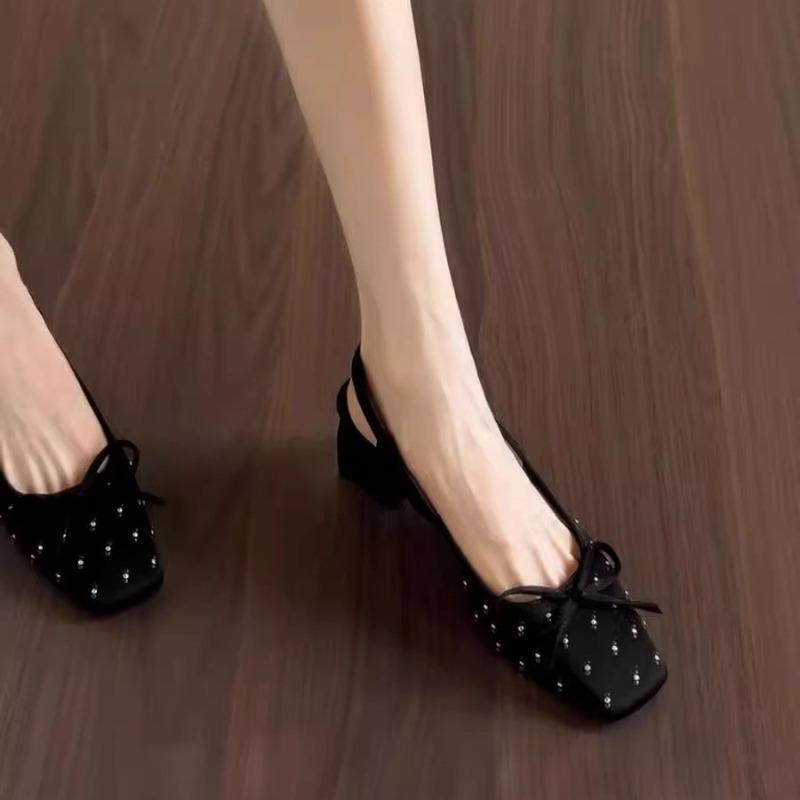 Black square head single shoes women's new satin rhinestone bow leather one-word buckle thick heel bag head sandals