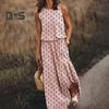 Women's Sleeveless Maxi Dress Casual Crew Neck Elastic Waist Split Long Dress with Pocket Summer Beach Vacation Sundress