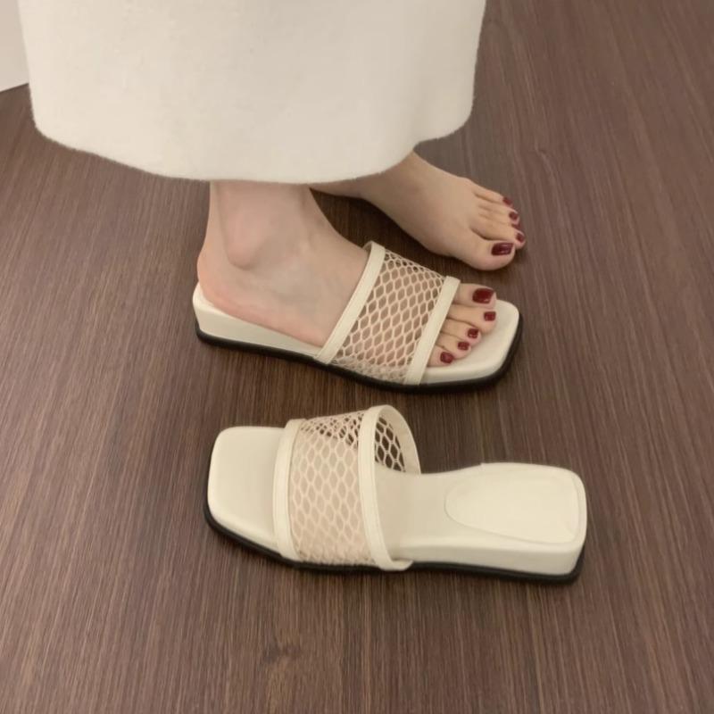 Mesh Hollow Mesh Flip-flops Women's Summer New Square Toe Open Toe Casual Wear Soft Sole Mid-heel Sandals and Slippers
