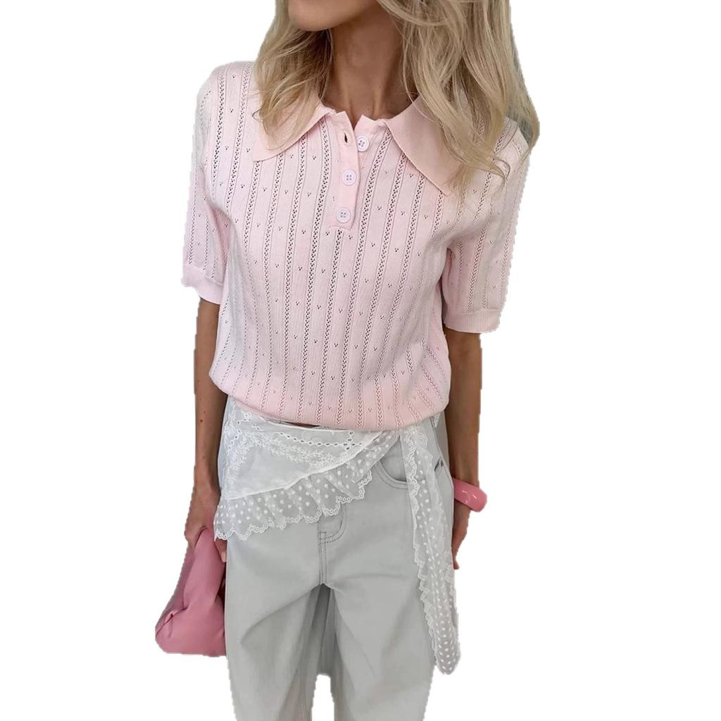 European and American Women's Casual Temperament Polo Shirt Women's 2026 Summer Solid Color Versatile Pick-hole Knitted Short-sleeved Top