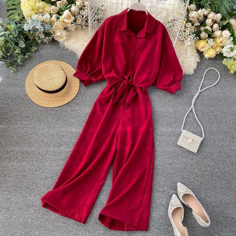 Vacation Style Pleated Wide Leg Jumpsuit Stand Collar Two-Piece Set