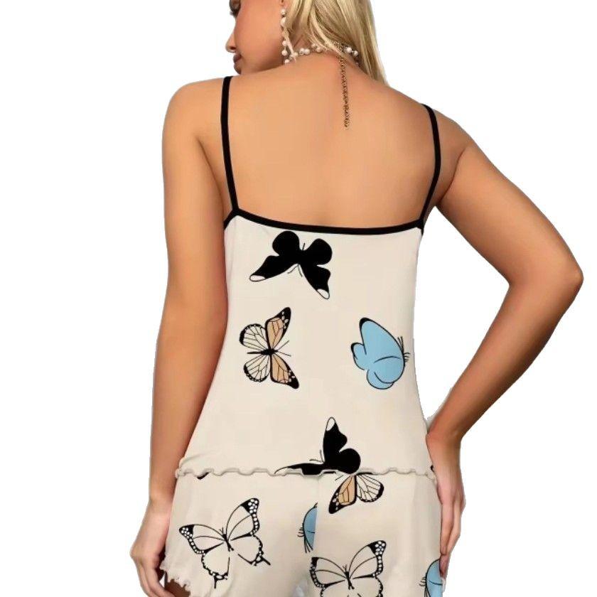Women's European & American Butterfly Print Pajama Set - Comfy Summer Camisole & Shorts