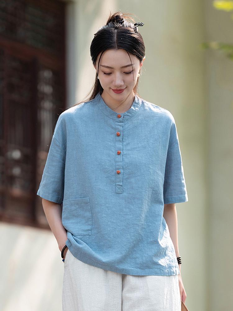 Women's Cotton Linen Zen Meditation Suit with Frog Button Shirt