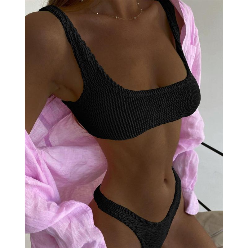 Women's solid color specialty fabric ruffled fabric bikini macaron color two-piece swimsuit