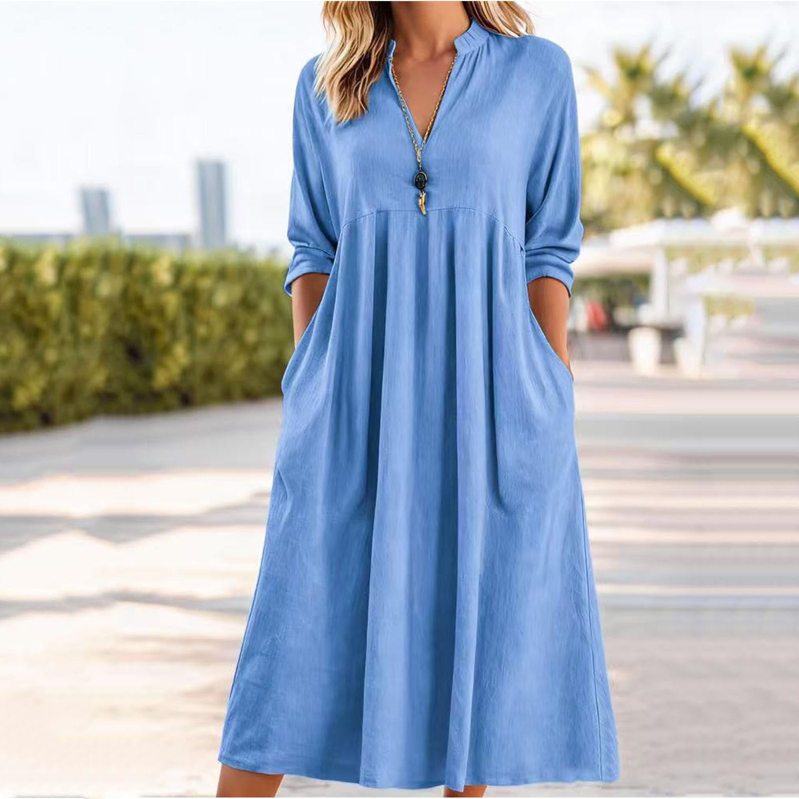 

Women’s V Neck Midi Dress Long Sleeve Loose Fit Casual Dress with Pockets Relaxed Lightweight Fabric XXL синий