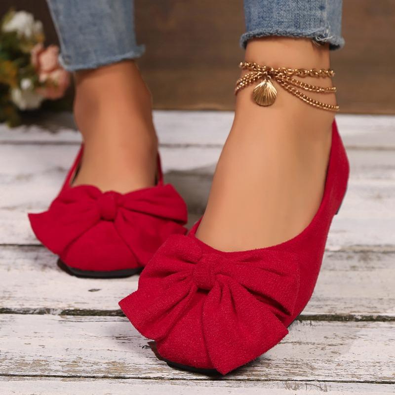 Women's Flat Shoes Autumn New Square Head Shallow Mouth Butterfly Knot Soft Low Anti-slip Wear-resistant Single Shoes