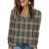 Women's Fashion V-Neck Button-Up T-Shirt With Check Print Long Sleeves