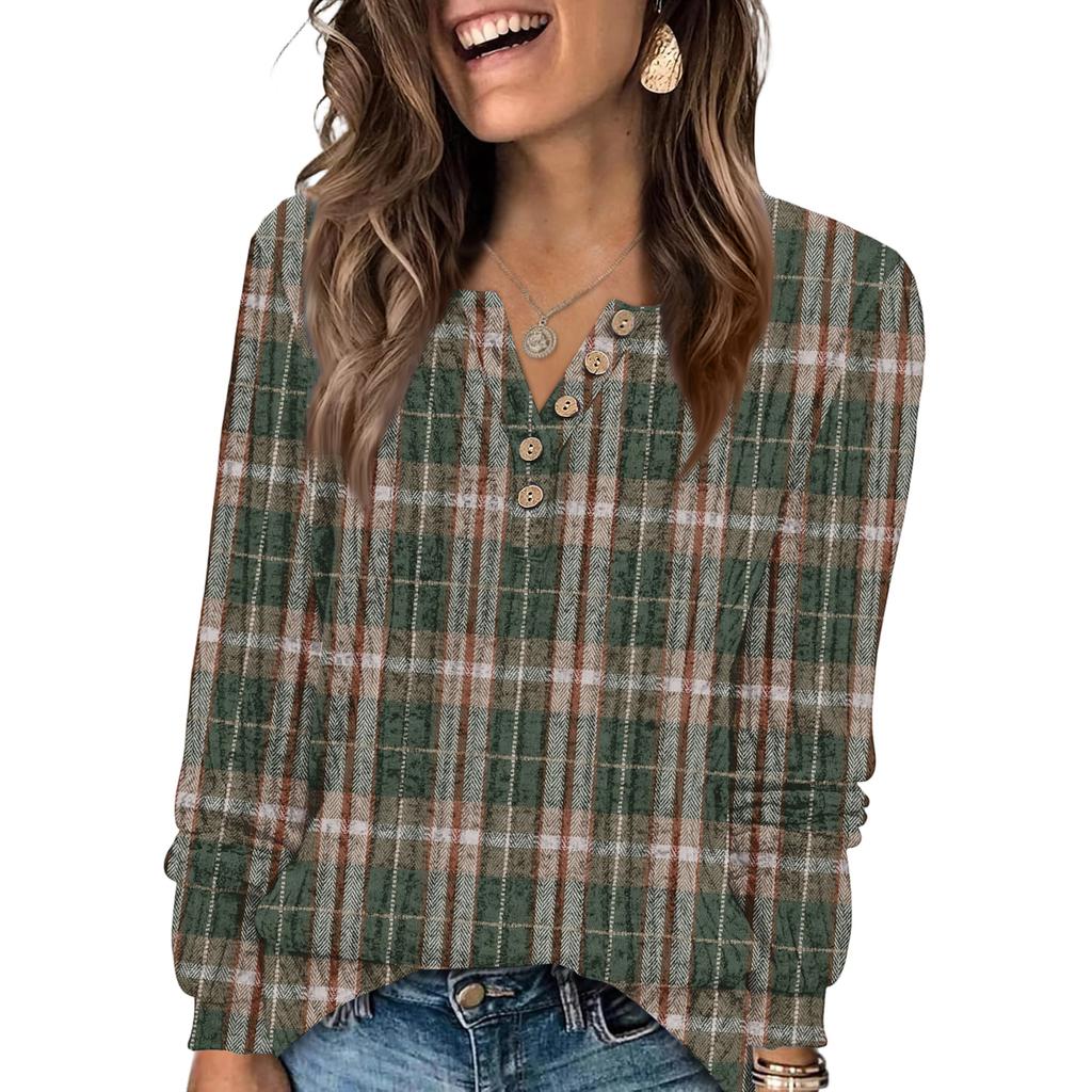 Women's Fashion V-Neck Button-Up T-Shirt With Check Print Long Sleeves