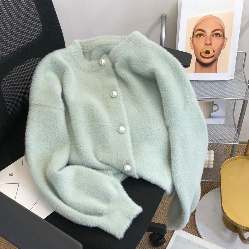 Cardigan de damă din lână de nurcă pentru primăvară-toamnă, pulover casual de culoare uni, jachetă tricotată plușată