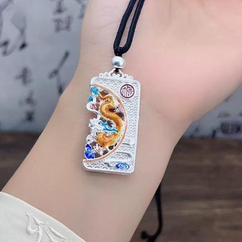 Enamel color dragon and phoenix Chengxiang no matter brand pendant necklace engraving auspicious cloud blessing characters to send Qixi Festival gifts