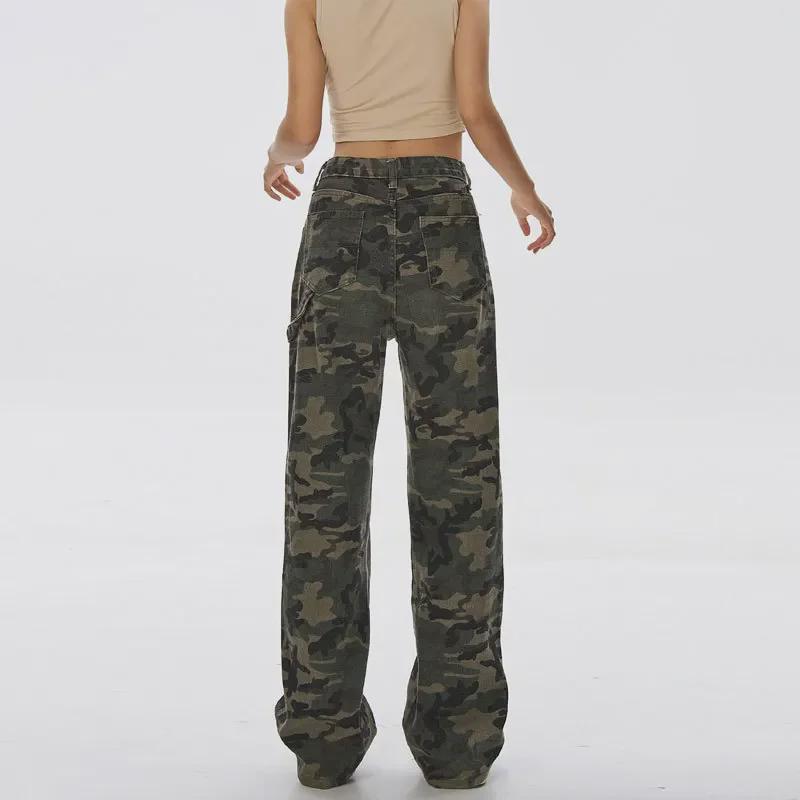 Women's Army Green Camo High-Waist Wide-Leg Jeans - Summer Casual Hip-Hop Style
