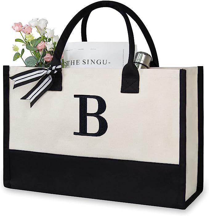 A-Z Letter Canvas Tote Bag Women Large Capacity Shoulder Handbag Contrast Color Thick Fabric Reusable Shopping Bag