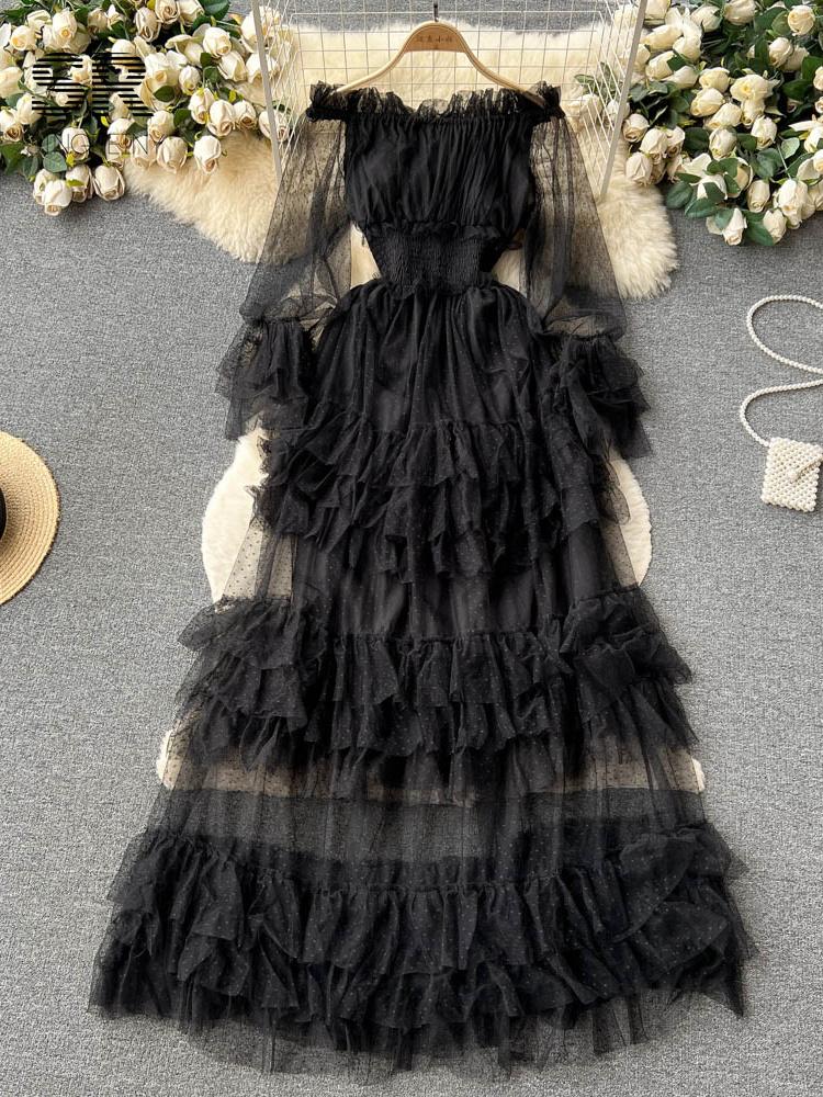 French Fashion Mesh Party Long Dress Women Ruffle Long Sleeve Slash Neck Elastic Waist Ladies Summer Elegant A Line Dresses