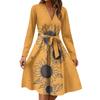 Women's Fashion Casual V-Neck Long Sleeve Waist Floral Print Midi Dress