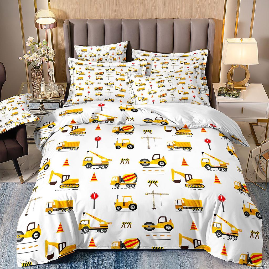 Construction Vehicle Excavator Truck Fire Truck 3D Digital Printing Bed Three-Piece Quilt Kit