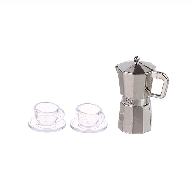 1Set 1:12 Dollhouse Miniature Coffee Pot Metal Kettle Moka Pot W/Cup Tray Kitchen Home Model Decor Toy Doll House Accessories