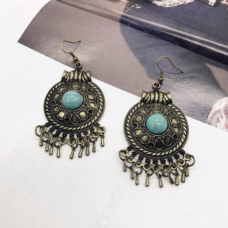 Vintage Indian Style Exaggerated Earrings Large Round Inlaid Turquoise Fringed Earrings Ethnic Style Women's Earrings