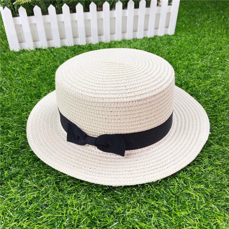 Korean Style Women's Straw Sun Hat with Flat Brim and Bow – Trendy Summer Beach Hat for Sun Protection