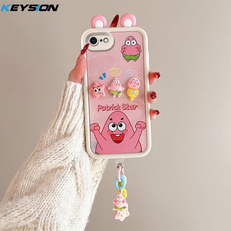 KEYSION Cute Ear 3D Cartoon Case for iPhone SE 2020 2022 with Bracelet Silicone Shockproof Phone Cover for iPhone 8 7 6s Plus
