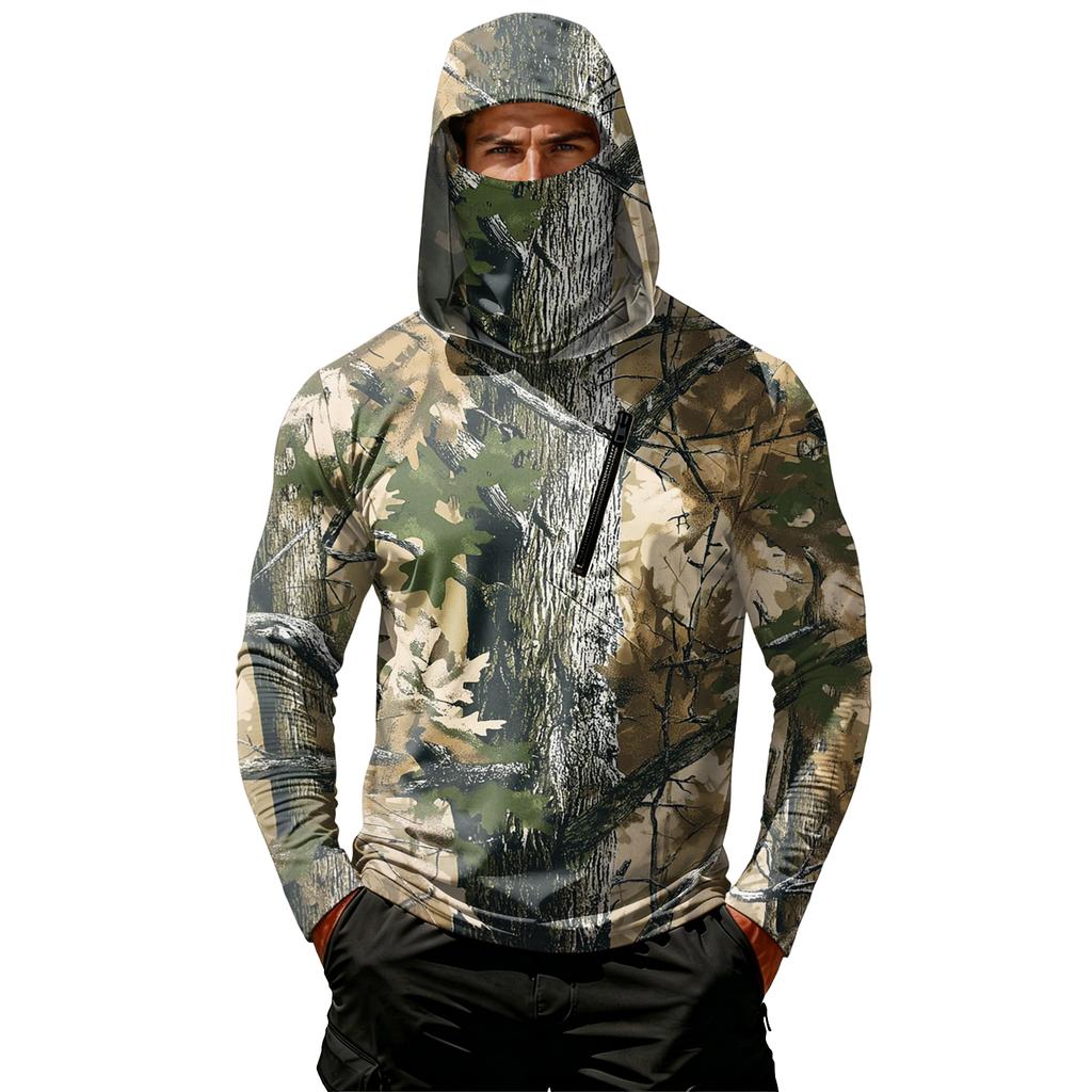 Men's Casual Leaf Camouflage Print Hooded Long Sleeve Sun Protection Shirt Lightweight Breathable Outdoor Top with Zipper Pocket