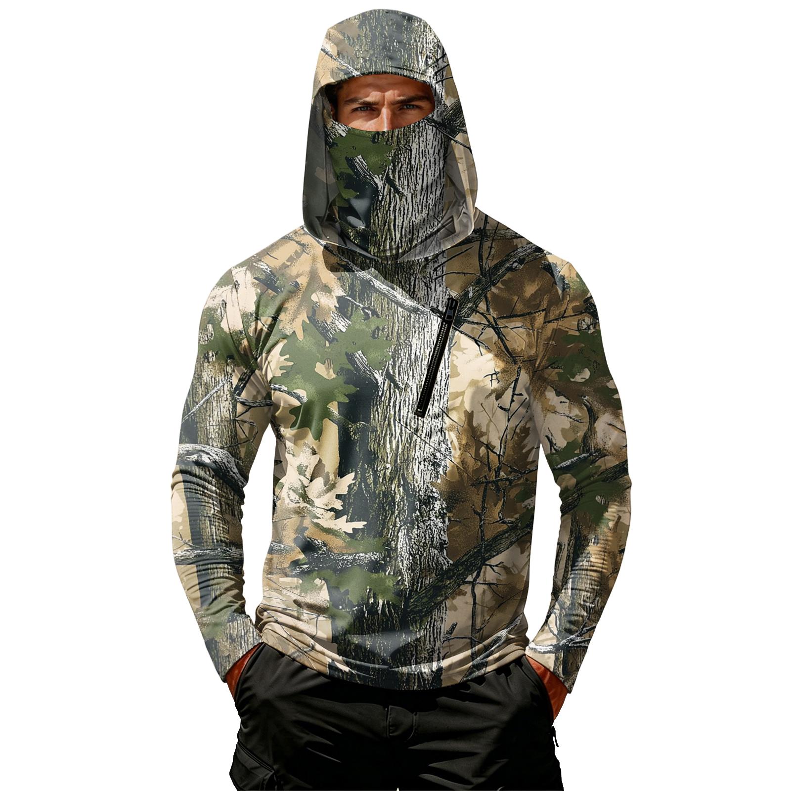 

Men s Casual Leaf Pattern Camouflage Print Hooded Long Sleeve Sun Top Lightweight Pullover Outdoor Hoodie Shirt XXXL коричневий