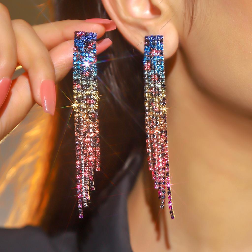Long Tassel Earrings with a Shiny Temperament Full of Diamonds
