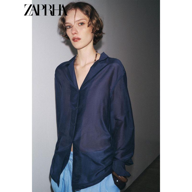 Zaprha 2025 Autumn New Casual Loose Asymmetric Hem Lapel Long Sleeve Shirts Top 3819008