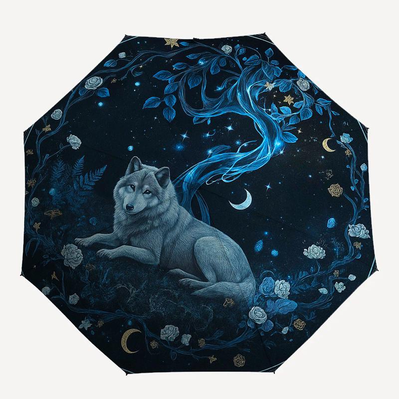 Verzauberter Nachtwolf Wandkunst: Mystischer Mondlicht-Wald-Dekor-Regenschirm, Tragbarer 3-Fach Kompakter Regenschirm für Männer & Frauen Geschenk