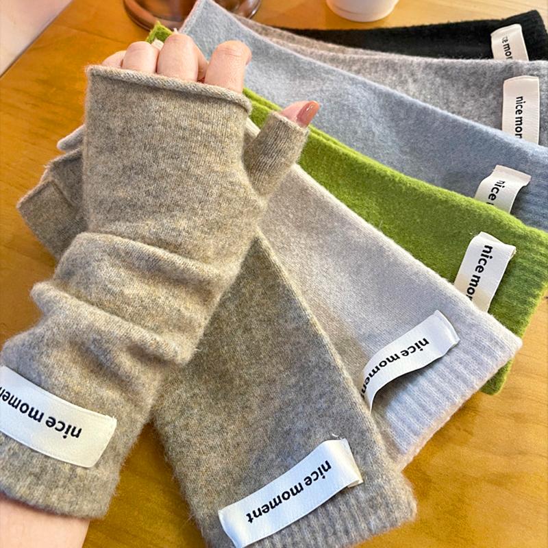 1Pair Cold-proof Wool Fingerless Gloves Half-Finger Flexible Soft Elastic Solid Color Warm Knitted
